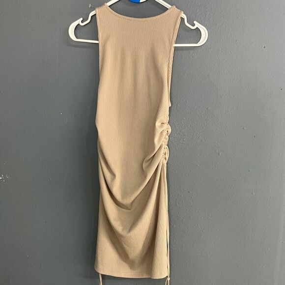 ZARA Tan High Neck Sleeveless Gathered Mini Bodycon Vacation Beach Dress Small # - Picture 5 of 5